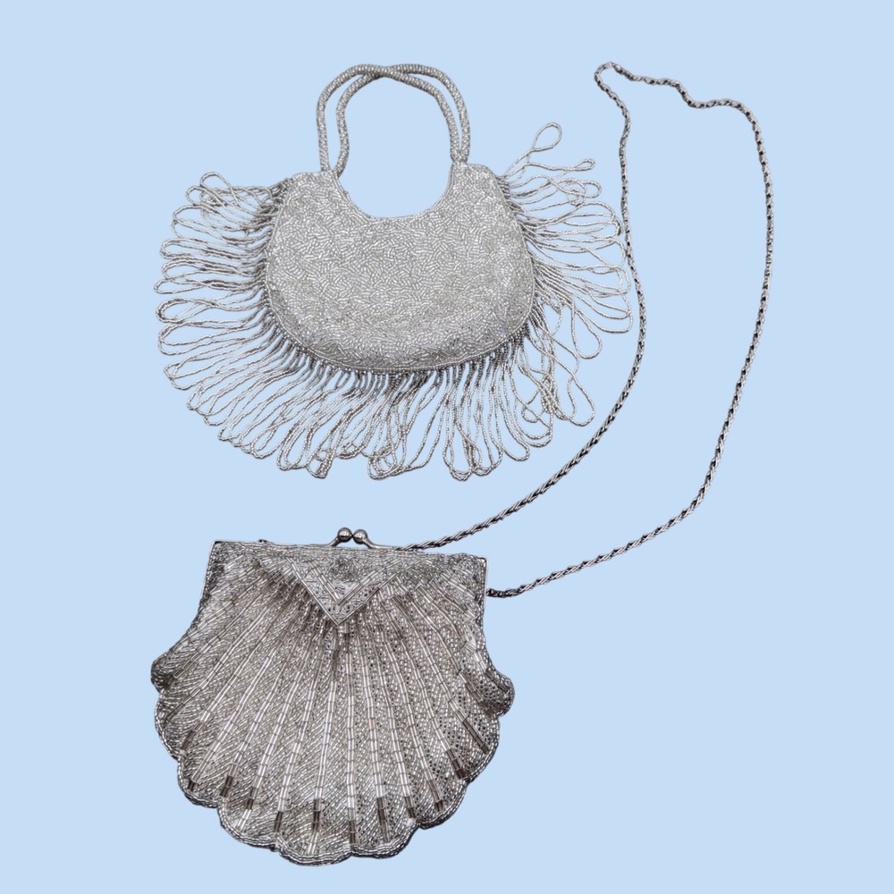 La Regale Silver Beaded Evening Bag Set – Clamshell & Fringed Shoulder Purse
